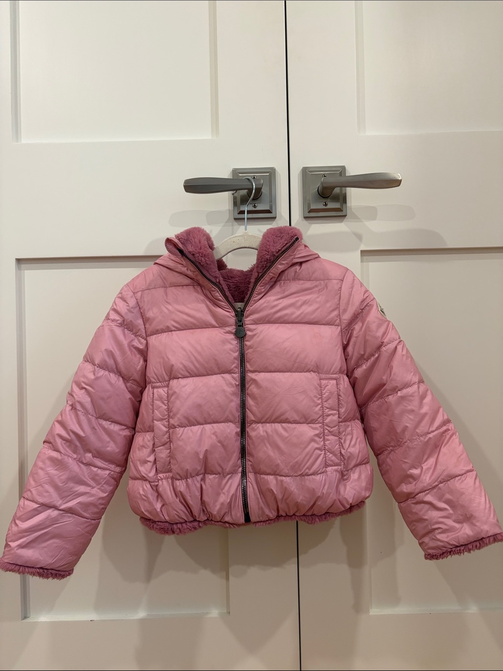 Moncler Girls Pink Quilted Puffer Jacket with Sherpa Hood